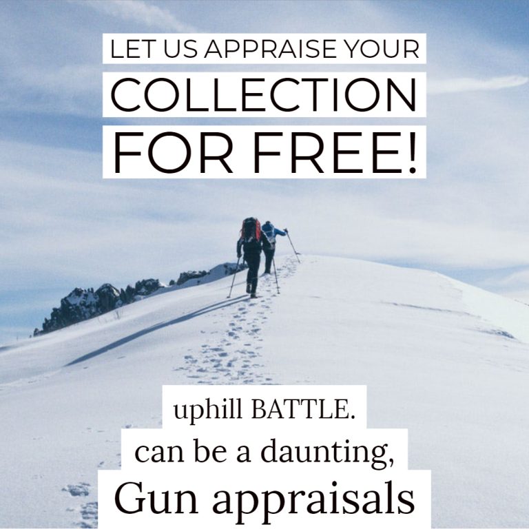 Free gun appraisal graphic with climbers ascending snowy mountain.