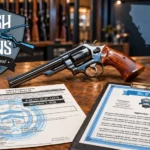 California State silhouette, firearms behind a Gun Store Counter, Federal Firearms License, Bill of Sale, and a Blued Revolver on the Gun Store Counter.