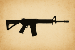 2D digital illustration showing a black silhouette of an AR-15 style rifle centered horizontally against a textured beige background. The rifle is detailed with a skeletal stock, pistol grip, and flash suppressor barrel, creating a bold contrast with the vintage-toned backdrop.