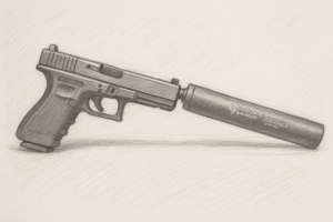 A black semi-automatic pistol fitted with a cylindrical suppressor, shown in a side profile against a plain white background. Suppressors like these will be removed from the National Firearms Act (NFA).