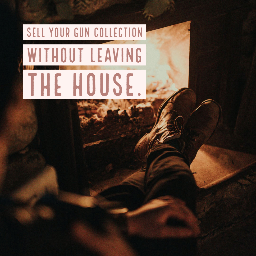 Sell your gun collection without leaving the house graphic. Guy in front of fireplace.