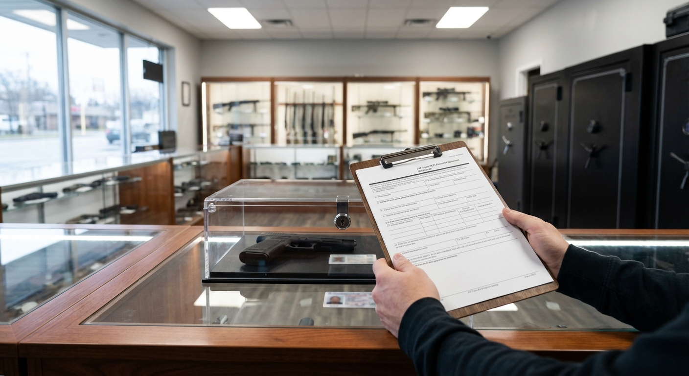 Seller reviewing Form 4473 at counter