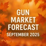 An autumn-themed graphic with vibrant orange and red maple leaves in the background and bold white text reading ‘Gun Market Forecast – September 2025.’ The warm colors evoke a fall seasonal atmosphere.