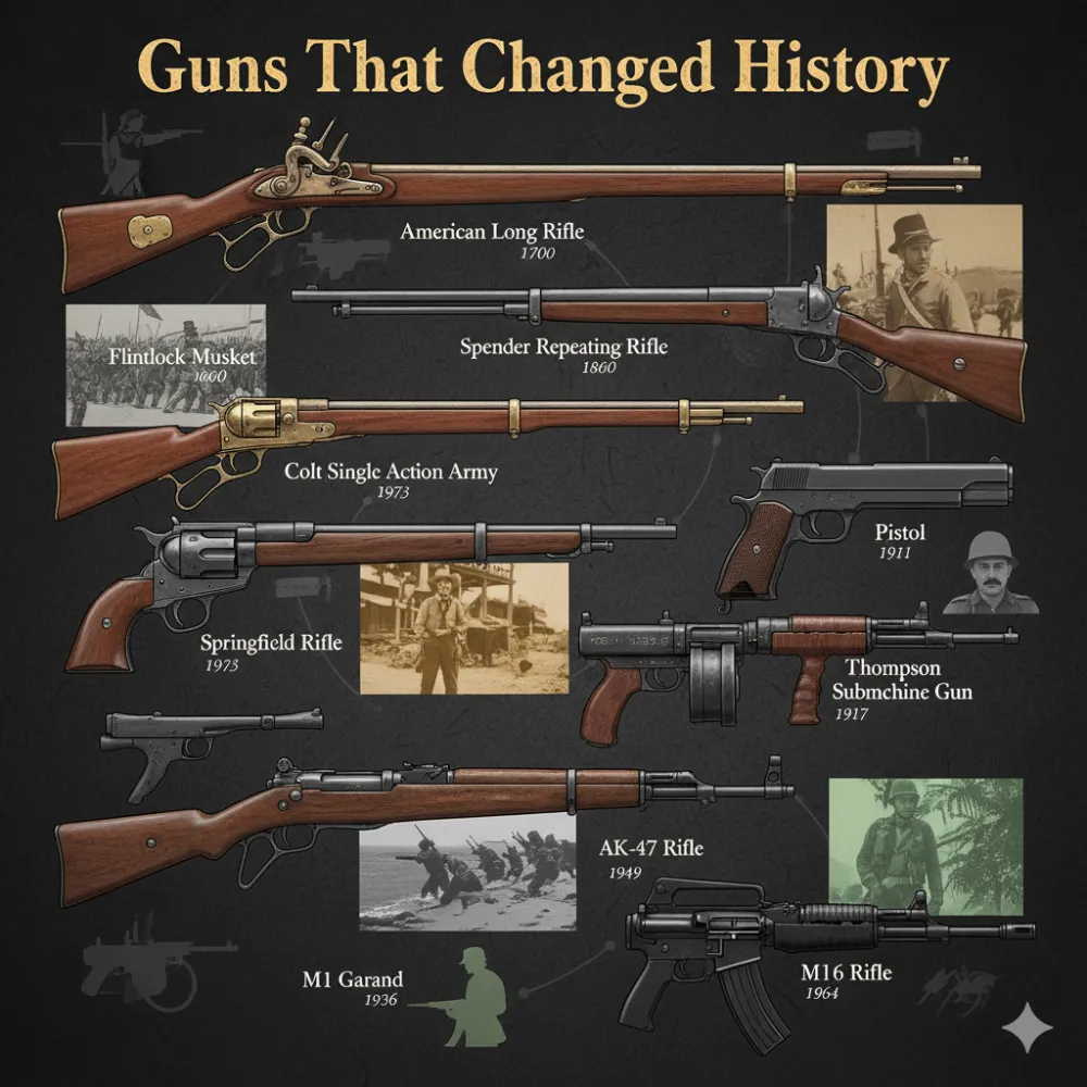 A collage of historically significant firearms. From left to right: a flintlock musket, an American long rifle, a Colt Single Action Army revolver, an M1 Garand, and an AK-47. The image highlights different eras and conflicts where these guns played a pivotal role.
