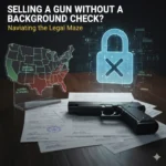 Image illustrating the legal complexities of selling a gun without a background check, featuring a map of US background check laws, a handgun, and a digital 'locked' icon, representing the legal maze described in the blog post.