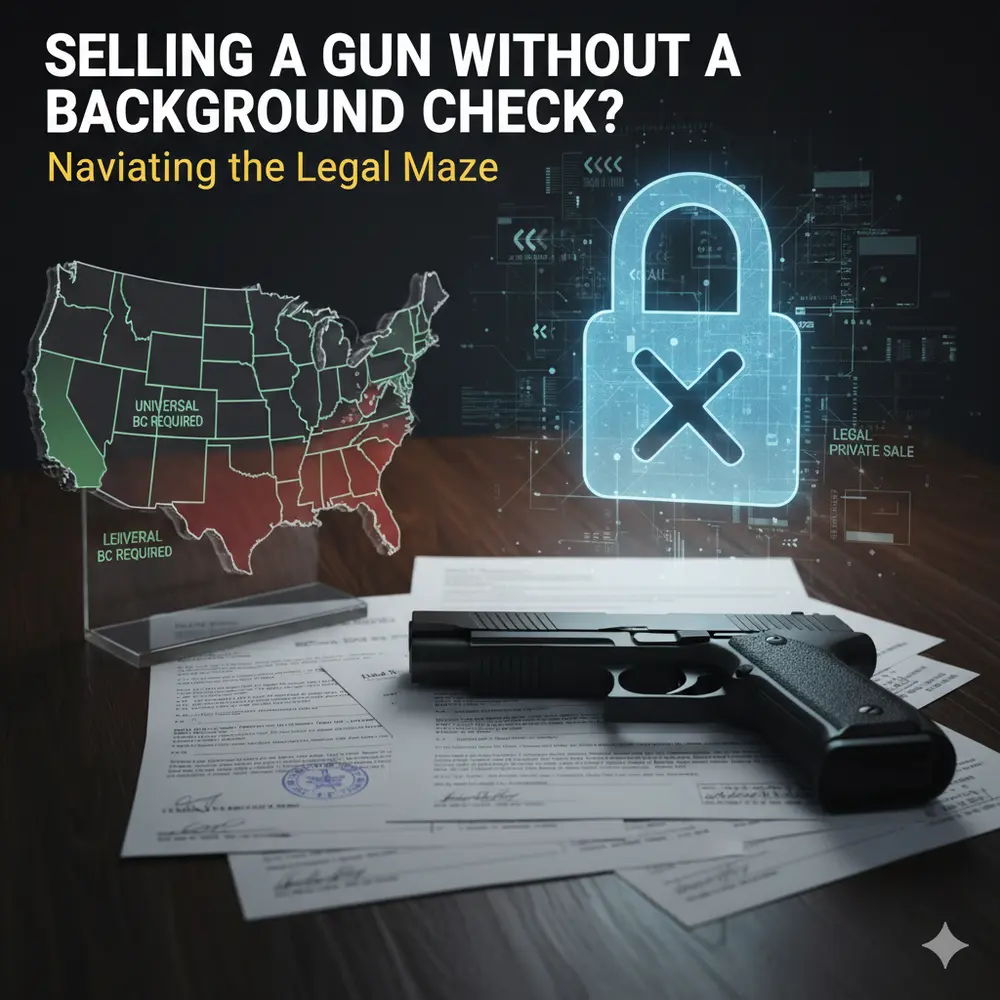 Image illustrating the legal complexities of selling a gun without a background check, featuring a map of US background check laws, a handgun, and a digital 'locked' icon, representing the legal maze described in the blog post.
