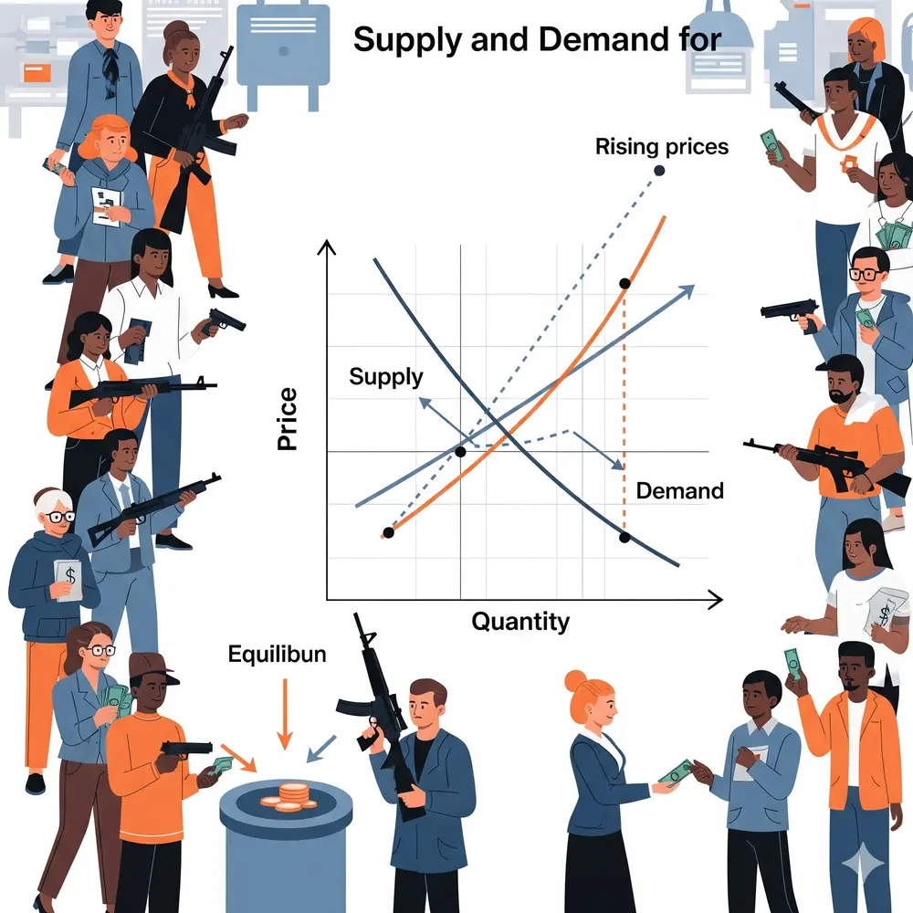 An illustration depicting a supply and demand curve graph at the center, surrounded by diverse individuals engaging in the buying and selling of firearms and money. The graph shows intersecting lines for supply and demand, with arrows indicating rising and falling prices and quantities. Some people on the left appear to be selling firearms and receiving money, while people on the right are holding firearms and money, suggesting transactions. The overall image visualizes the economic principles of supply and demand specifically applied to the firearm market, with a focus on how these forces influence prices and availability.