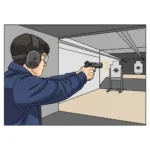 A graphic illustration shows a person at a shooting range, holding a handgun and pointing it downrange in a safe direction at a target. The person is wearing safety glasses and earmuffs. The background is a gray shooting range with a lane and a bullet trap.